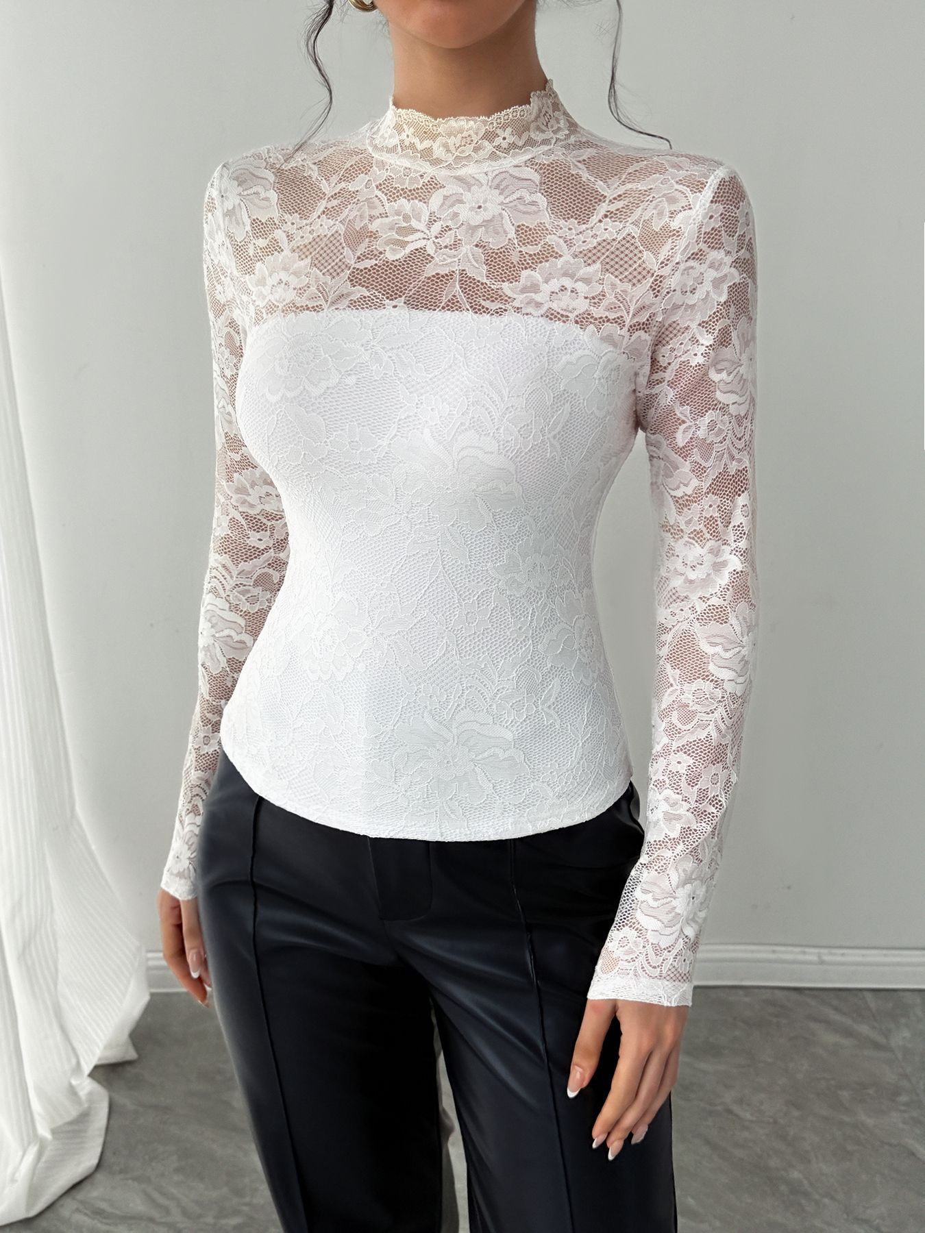 Womens Floral Lace Top Sexy See-Through Shirt Female O Neck Basic Blouse